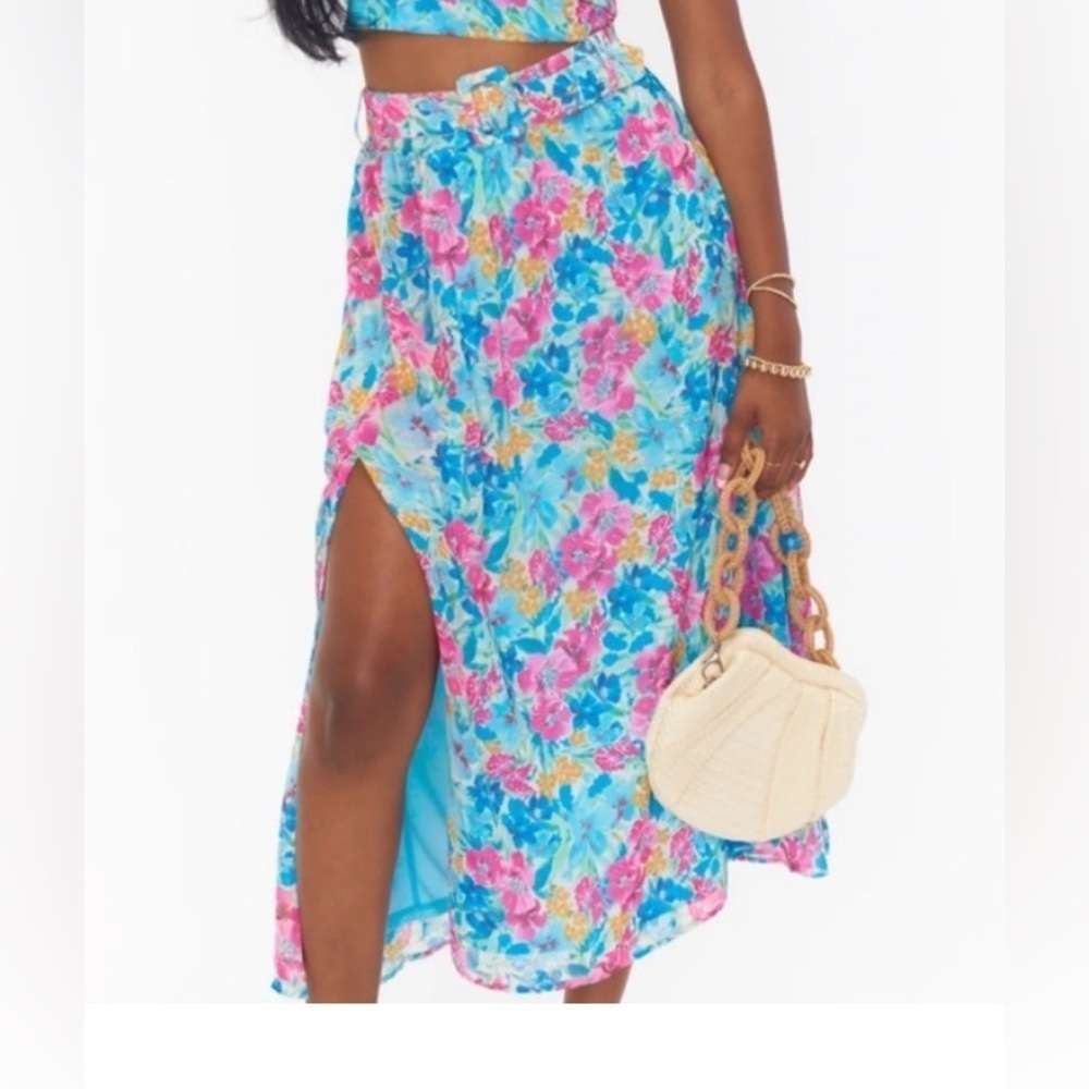 Show Me Your Mumu Maya Midi Skirt XL Side Slit Blue Garden Girls Feminine Beach